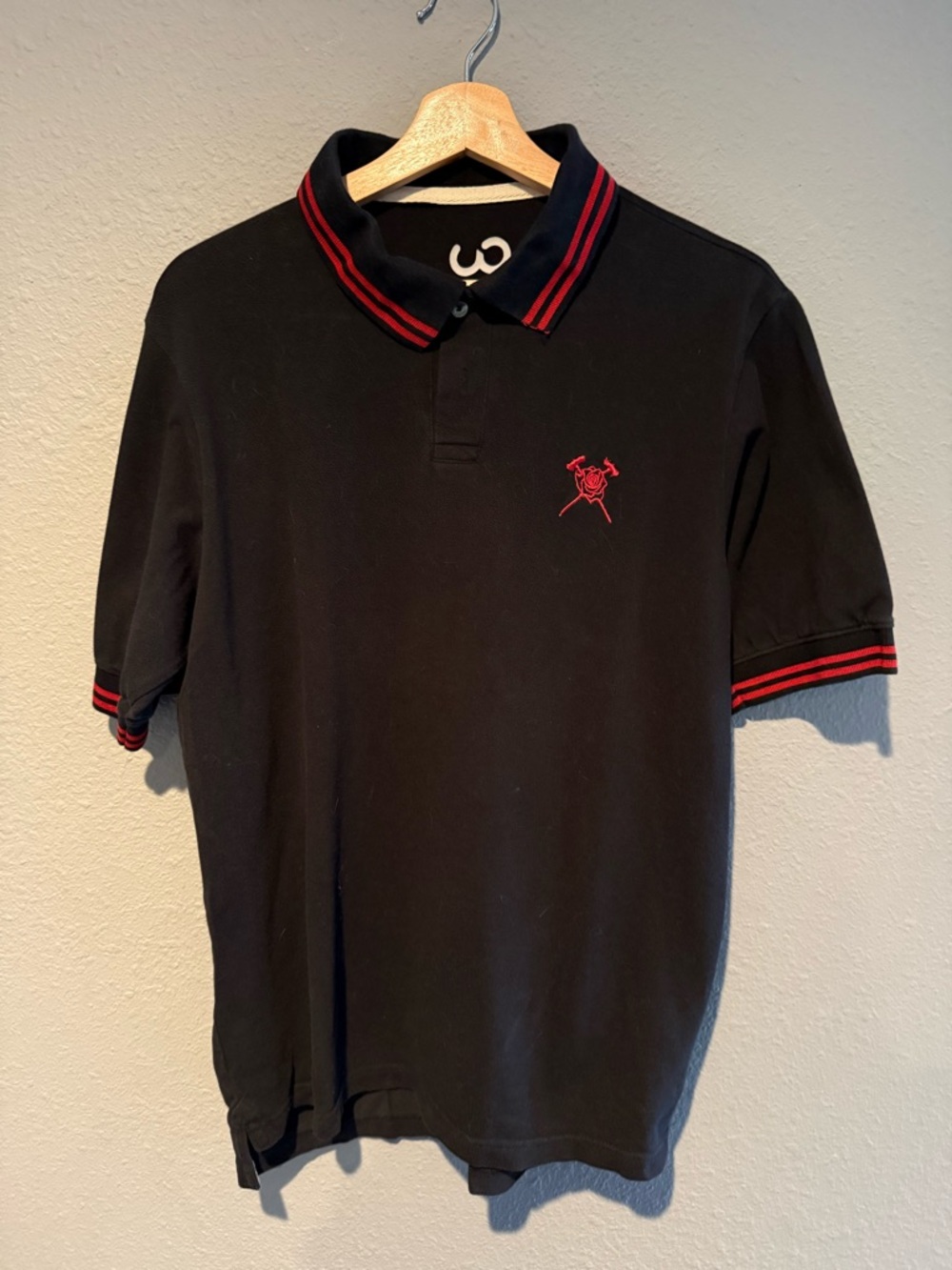 Portland Timbers Black Polo Shirt with Red Trim, Embroidered Logo (Rose & Axes)